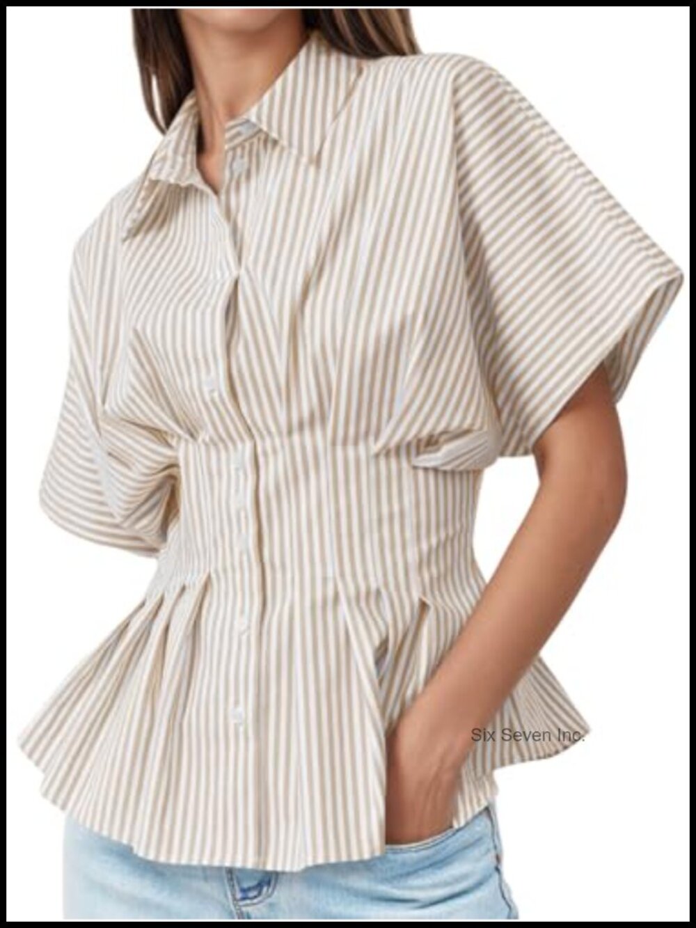 Women's Striped Peplum Button Down Blouse Short Sleeve Office Top